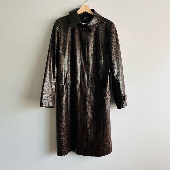 Vintage 90s Y2K ZARA Woman Crocodile Print Trench Coat Brown Alligator Embossed - Picture 7 of 10